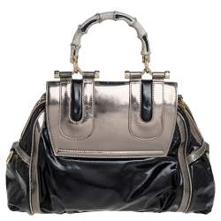 Pre Owned Gucci Black Coated Nylon and Patent Leather Dialux Pop Bamboo Top Handle Bag