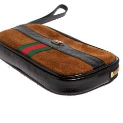 Pre Owned Gucci Brown/Black Suede and Patent Leather Ophidia Wristlet Pouch