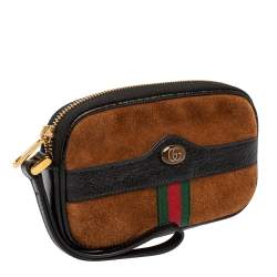 Pre Owned Gucci Brown/Black Suede and Patent Leather Ophidia Wristlet Pouch