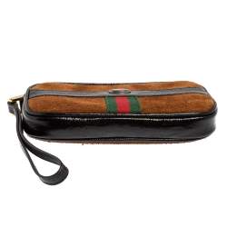 Pre Owned Gucci Brown/Black Suede and Patent Leather Ophidia Wristlet Pouch