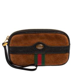 Pre Owned Gucci Brown/Black Suede and Patent Leather Ophidia Wristlet Pouch
