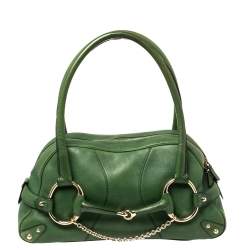 Pre Owned Gucci Green Leather Large Horsebit Chain Satchel