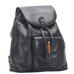 Pre Owned Gucci Black Calf Leather Bamboo Drawstring Backpack