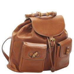 مملوكة مسبقًا Gucci Brown Calf Leather Bamboo Drawstring Backpack