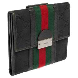 Gucci Black GG Canvas and Leather Trim Web Compact Wallet