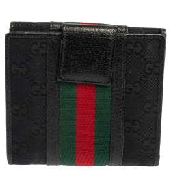 Gucci Black GG Canvas and Leather Trim Web Compact Wallet