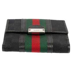 Gucci Black GG Canvas and Leather Trim Web Compact Wallet