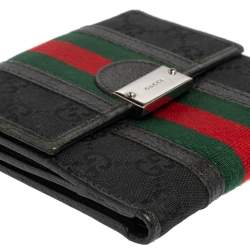 Gucci Black GG Canvas and Leather Trim Web Compact Wallet