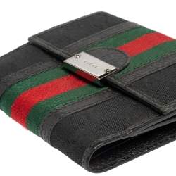 Gucci Black GG Canvas and Leather Trim Web Compact Wallet
