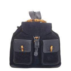 Pre Owned Gucci Black Suede and Leather Bamboo Drawstring Backpack