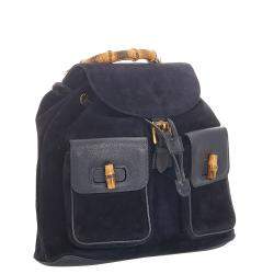 Pre Owned Gucci Black Suede and Leather Bamboo Drawstring Backpack