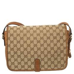 Pre Owned Gucci Beige/Brown GG Canvas and Leather Medium Marrakech Tassel Messenger Bag
