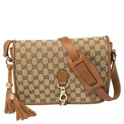 Pre Owned Gucci Beige/Brown GG Canvas and Leather Medium Marrakech Tassel Messenger Bag