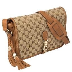 Pre Owned Gucci Beige/Brown GG Canvas and Leather Medium Marrakech Tassel Messenger Bag