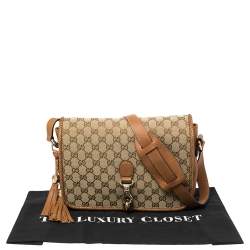 Pre Owned Gucci Beige/Brown GG Canvas and Leather Medium Marrakech Tassel Messenger Bag