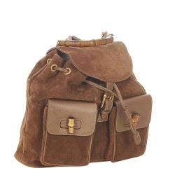 مملوكة مسبقًا Gucci Brown Suede Bamboo Drawstring Backpack