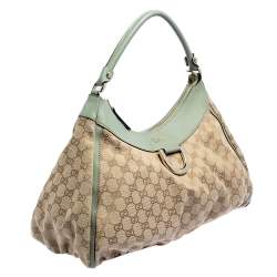 Gucci Beige/Green GG Canvas and Leather Large D-Ring Hobo