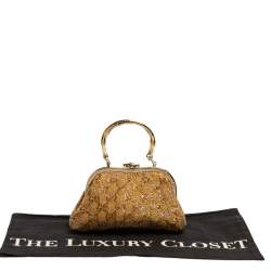 Pre Owned حقيبة غوتشى إطار صغير خرز جى جى ذهبى ميتالك 