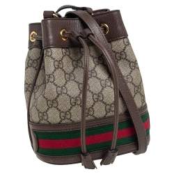 Pre Owned Gucci Beige/Ebony GG Supreme Canvas and Leather Mini Ophidia Bucket Bag 