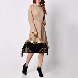 مملوكة مسبقًا حقيبة ساتشل غوتشي جلد وسويدي أسود / ذهبي ميتاليك