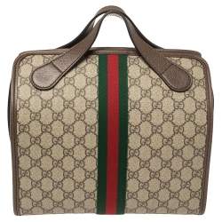 Pre Owned Gucci Beige/Ebony GG Supreme Canvas and Leather Ophidia Boston Bag