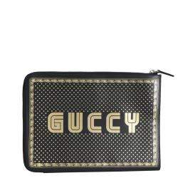 Gucci Black/Gold Leather GUCCY Magnetismo Print Clutch Bag
