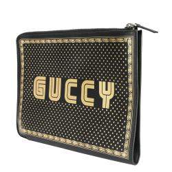 Gucci Black/Gold Leather GUCCY Magnetismo Print Clutch Bag