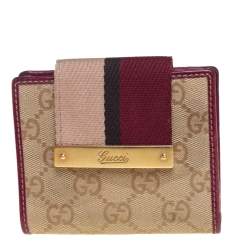 Pre Owned Gucci Beige/Burgundy GG Canvas and Leather Compact Wallet