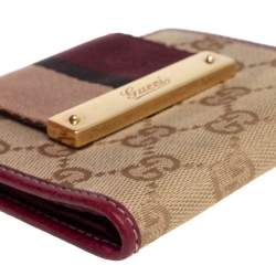 Pre Owned Gucci Beige/Burgundy GG Canvas and Leather Compact Wallet