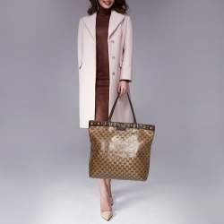 Pre Owned Gucci Beige/Ebony GG Crystal and Leather Large Babouska Vertical Shopping Tote