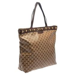 Pre Owned Gucci Beige/Ebony GG Crystal and Leather Large Babouska Vertical Shopping Tote