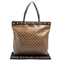 Pre Owned Gucci Beige/Ebony GG Crystal and Leather Large Babouska Vertical Shopping Tote