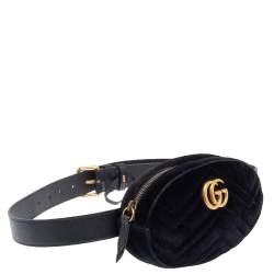 Gucci Black Matelassé Velvet and Leather GG Marmont Belt Bag