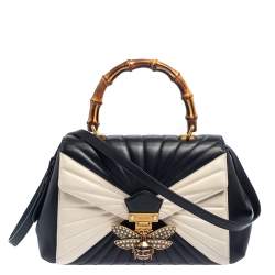 Pre Owned Gucci Black/White Quilted Leather Medium Queen Margaret Bamboo Top Handle Bag