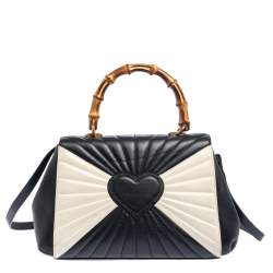 Pre Owned Gucci Black/White Quilted Leather Medium Queen Margaret Bamboo Top Handle Bag