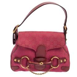 Pre Owned Gucci Fuchsia GG Canvas and Leather Small Horsebit Satchel