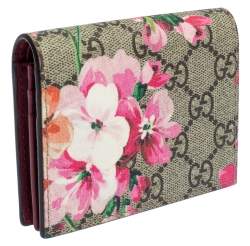 Pre Owned Gucci Beige/Pink GG Supreme Canvas Blooms Card Case