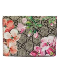Pre Owned Gucci Beige/Pink GG Supreme Canvas Blooms Card Case