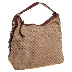 Pre Owned Gucci Beige/Brown Diamante Canvas and Leather Village Double G Hobo