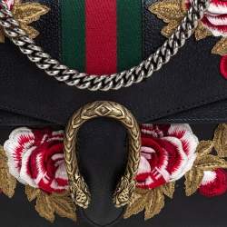 Pre Owned حقيبة كتف غوتشي ديونسوس جلد أسود مورد مطرز ة