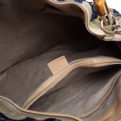 Pre Owned Gucci Beige Suede and Raffia Embroidered Peggy Bamboo Hobo