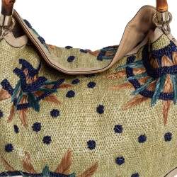 Pre Owned Gucci Beige Suede and Raffia Embroidered Peggy Bamboo Hobo