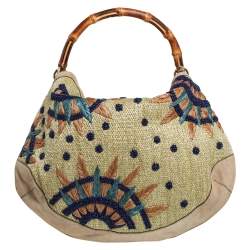 Pre Owned Gucci Beige Suede and Raffia Embroidered Peggy Bamboo Hobo