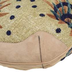 Pre Owned Gucci Beige Suede and Raffia Embroidered Peggy Bamboo Hobo