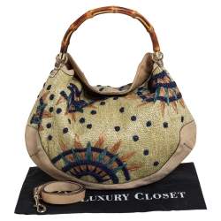 Pre Owned Gucci Beige Suede and Raffia Embroidered Peggy Bamboo Hobo