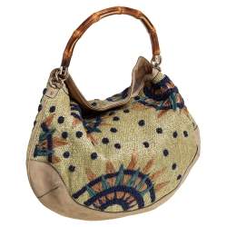 Pre Owned Gucci Beige Suede and Raffia Embroidered Peggy Bamboo Hobo