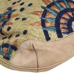 Pre Owned Gucci Beige Suede and Raffia Embroidered Peggy Bamboo Hobo