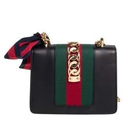 Pre Owned Gucci Black Leather Mini Web Chain Sylvie Shoulder Bag