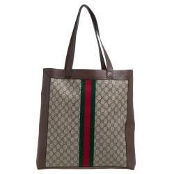 Pre Owned Gucci Beige/Ebony GG Supreme and Leather Large Ophidia Tote