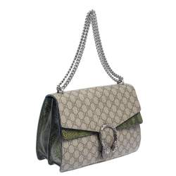 Pre Owned Gucci Beige/Green GG Supreme Canvas and Python Dionysus Medium Shoulder Bag